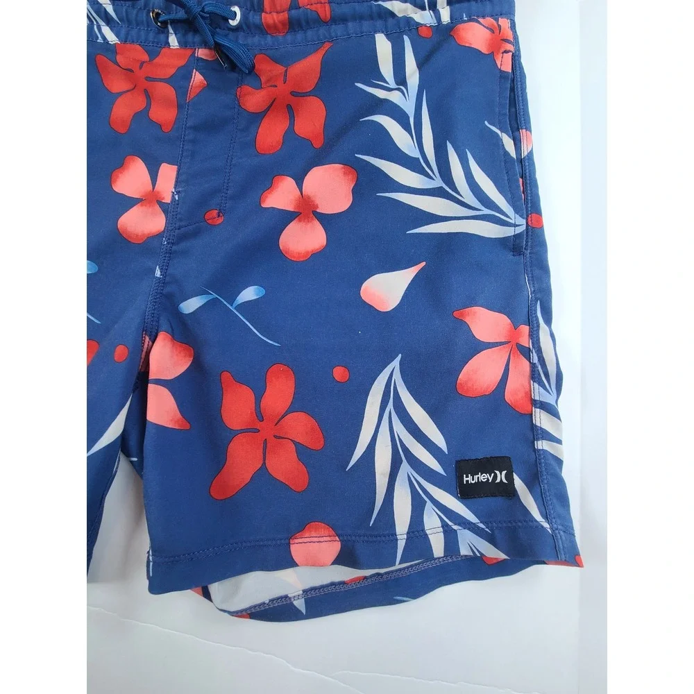 Hurley Swim Board Shorts Mens Medium Blue Floral Tropical Beach Drawstring Waist
